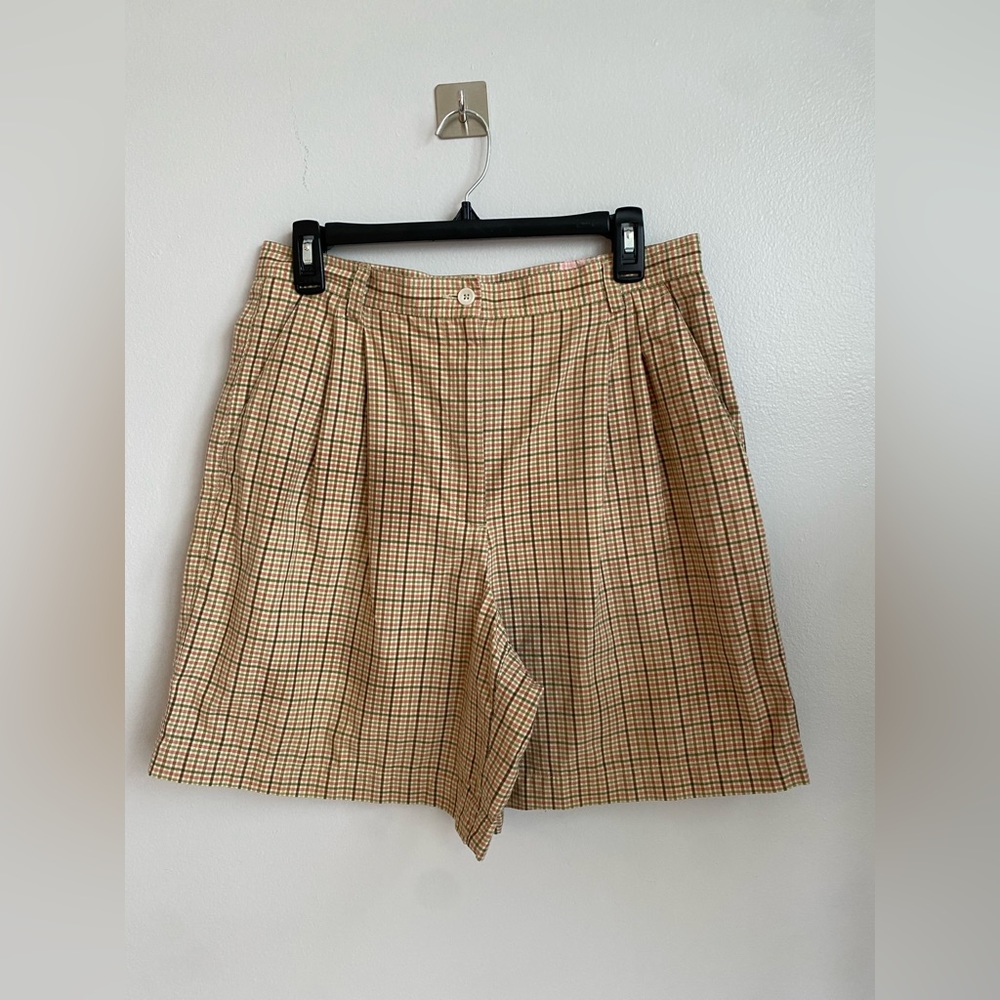 Liz Claiborne’s green and pink plaid pleated shorts